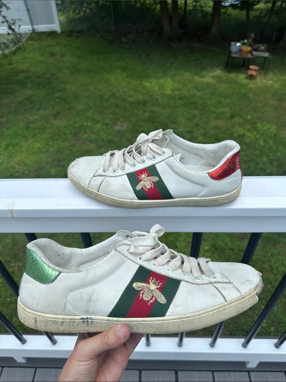 Gucci White Leather Sneakers with Red & Green Stripe and Metallic Heel Accents